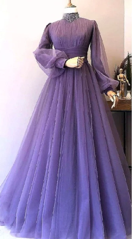 women's mini dressesrobe longue high neck vintage prom dresses long sleeve muslim beaded lace tulle elegant purple prom gown Y1207 women's mini dressesrobe longue high neck vintage prom dresses long sleeve muslim beaded lace tulle elegant purple prom gown Y1207