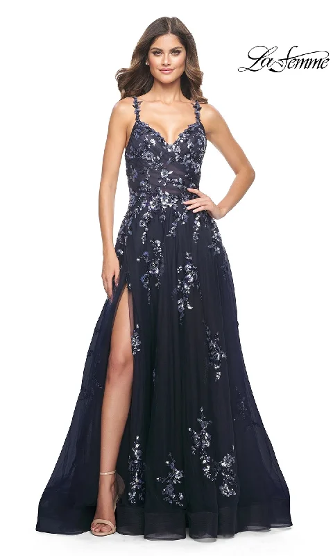Animal Print DressLa Femme Navy Long Sequin-Print Prom Dress 31936