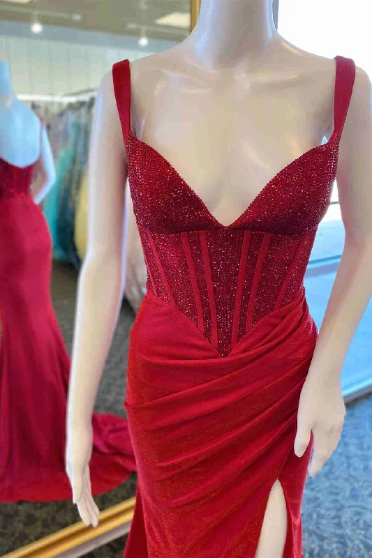 Plus-Size DressBeaded Red V-Neck Pleated Long Prom Dress with Slit Y893