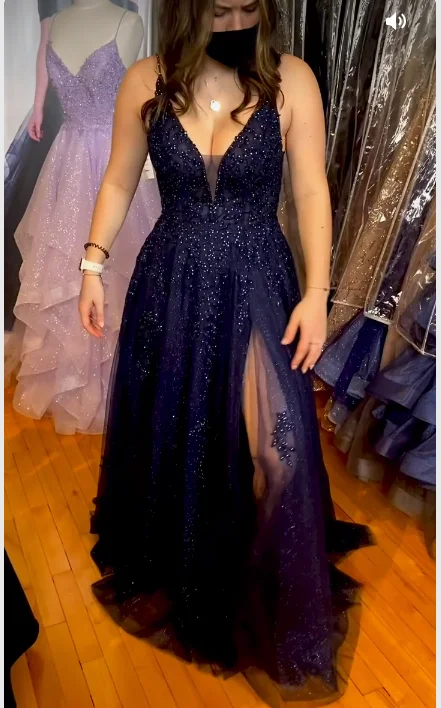 women's metallic dressesSparkly A-line V Neck Navy Blue Prom Dress,Charming Graduation Dress Y1164 women's metallic dressesSparkly A-line V Neck Navy Blue Prom Dress,Charming Graduation Dress Y1164