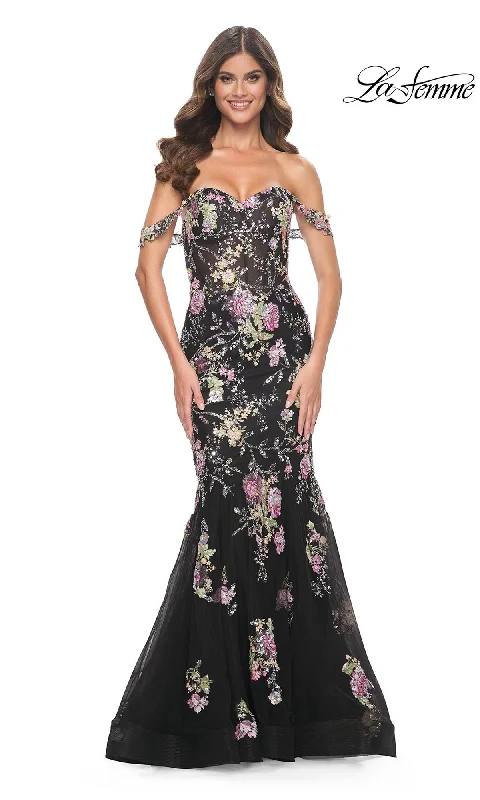 women's satin dressesLa Femme Long Floral Mermaid Prom Dress 32087