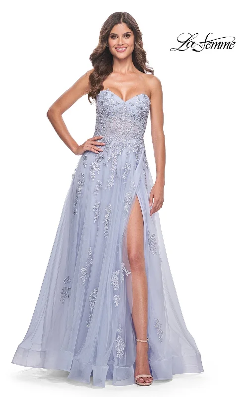 women's checkered dressesLa Femme Backless Strapless Long Prom Dress 32084