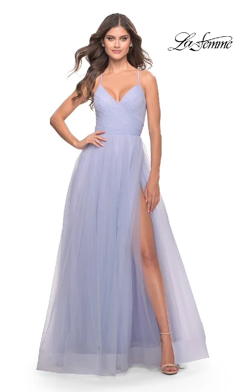 women's floral dressesLa Femme Wrap-Bodice Long A-Line Prom Dress 31501