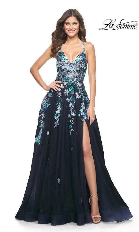 women's designer dressesLa Femme Sequin Flower-Print Long Prom Dress 32023