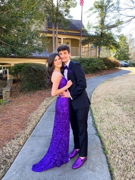 Laced DressMermaid Sparkle Purple Sequin Prom Dress With Train Y1283