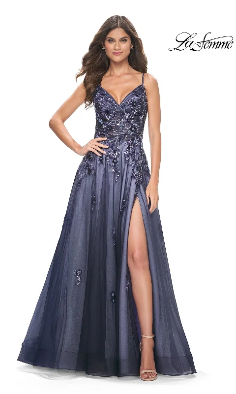 Solid Color DressLa Femme Long Navy Blue A-Line Prom Dress 32185