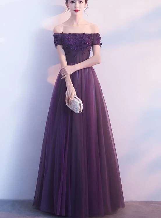 Retro DressOff Shoulder Purple Tulle With Lace Prom Dresses Y884