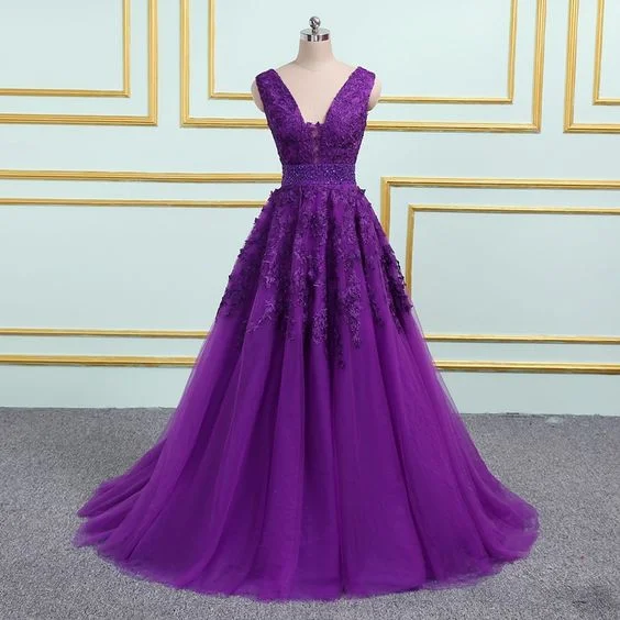 Glamour DressPurple v neck tulle long prom dress, purple tulle formal dress Y868