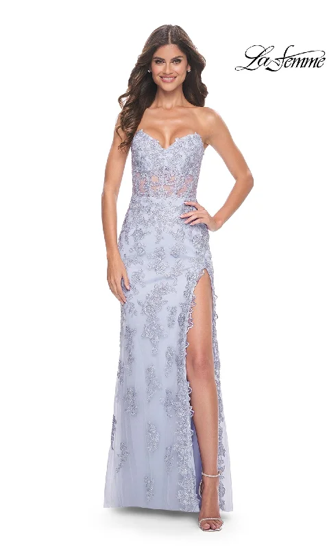 women's custom dressesLa Femme Sheer-Corset Long Prom Dress 32013
