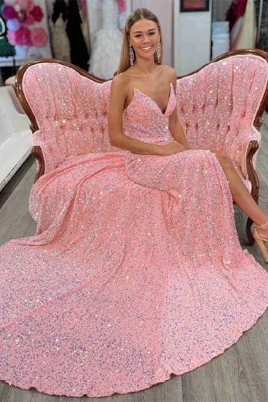 women's neon dressesLight Blue V-Neck Sequins Long Prom Dress with Slit Y831