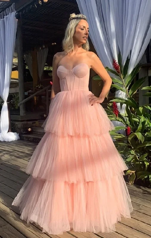 women's trendy dressesModest Pink Strapless Tiered Tulle Prom Dress, Pink Formal Prom Gown,Wedding Reception Dress Y1051 women's trendy dressesModest Pink Strapless Tiered Tulle Prom Dress, Pink Formal Prom Gown,Wedding Reception Dress Y1051