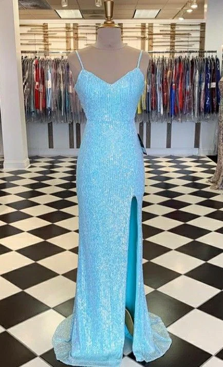 Ball Gown DressElegant Blue Spaghetti Straps Prom Dress With Side Slit,Blue Graduation Dress Y1029 Ball Gown DressElegant Blue Spaghetti Straps Prom Dress With Side Slit,Blue Graduation Dress Y1029