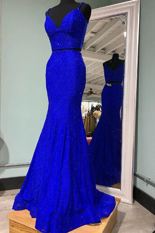 women's velvet dressesElegant Two Piece Mermaid Royal Blue Long Prom Dress Y1191