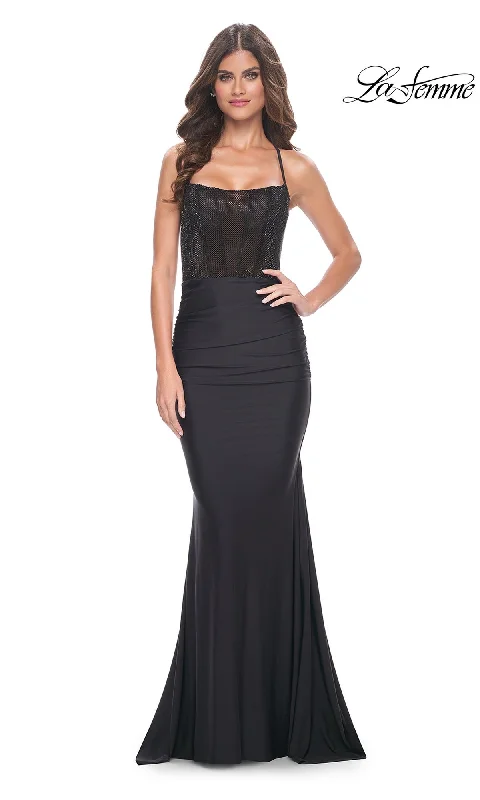 women's bow dressesLa Femme Long Black Corset Prom Dress 32064