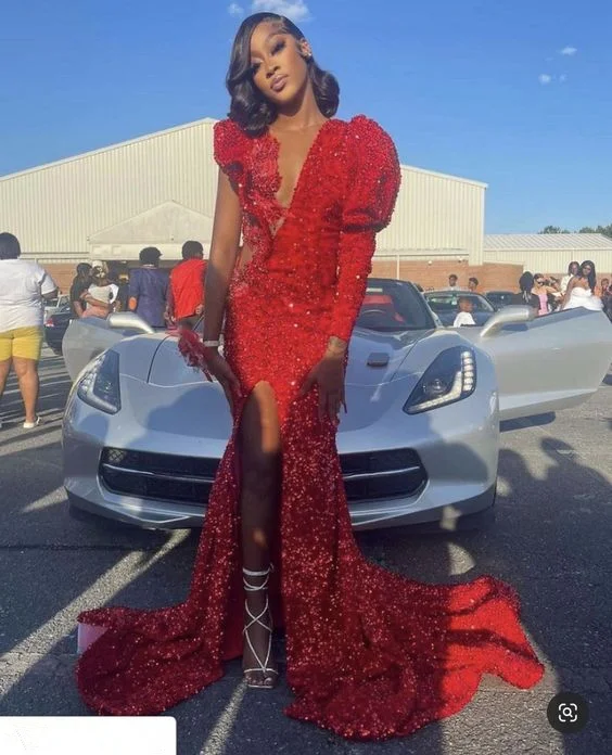 High-Neck DressGenerous Red Sequins Mermaid Prom Dress,Chic Red Glam Dress Y1280