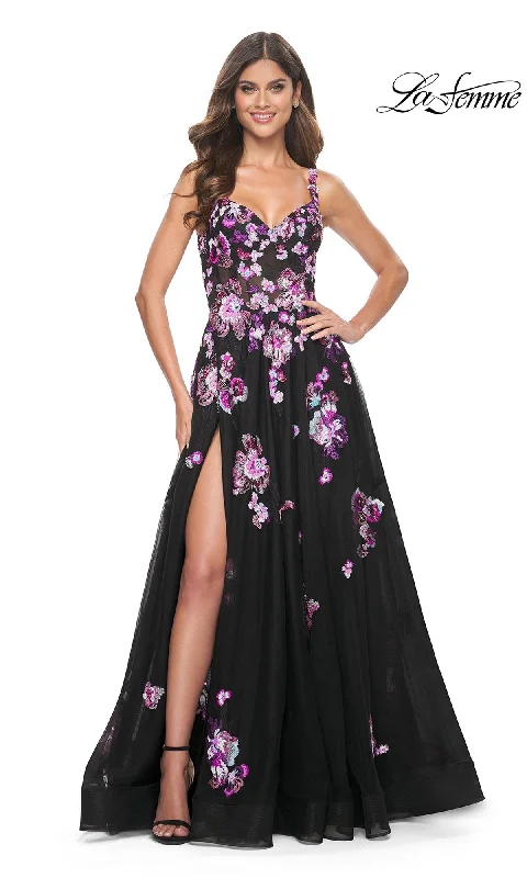 women's everyday dressesLa Femme Purple-Floral Long Black Prom Dress 32030