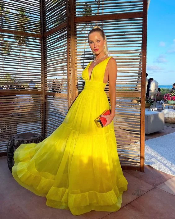 Crepe DressCharming A Line V Neck Yellow Chiffon Long Prom Dresses, Wedding Guest Dresses Y1306 Crepe DressCharming A Line V Neck Yellow Chiffon Long Prom Dresses, Wedding Guest Dresses Y1306