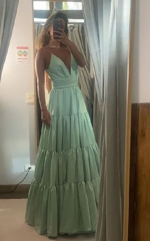 women's stylish dressesA-line Spaghetti Straps V Neck Prom Dress Formal Gown Y699