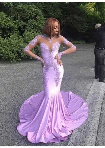 Flowy DressSexy Long Sleeves Lace Mermaid Lilac Prom Dresses Y908