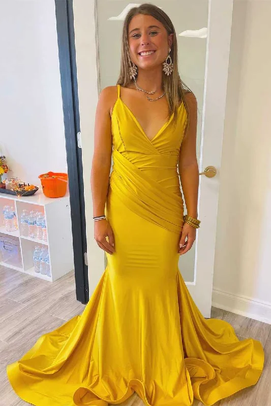 women's evening dressesStraps Mermaid Mustard Yellow Pleated Long Prom Dress Y866