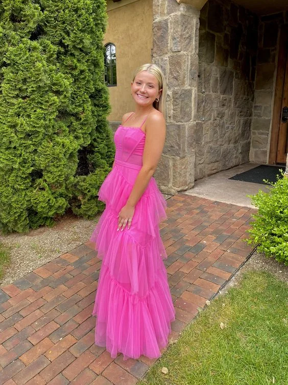 Organza DressHot Pink New Style Spaghetti Straps Floor Length Prom Dress With Ruffles Y1309