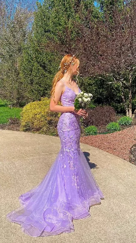 Fit-And-Flare DressGorgeous Mermaid Spaghetti Straps Lavender Long Prom Dresses With Appliques Y1019