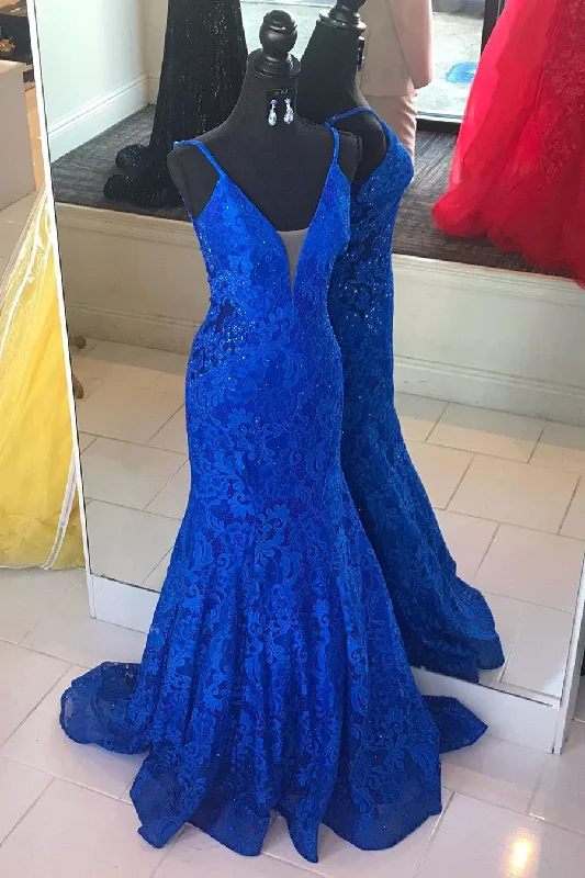 women's A-line dressesElegant V Neck Mermaid Royal Blue Long Lace Prom Dress Y1200 women's A-line dressesElegant V Neck Mermaid Royal Blue Long Lace Prom Dress Y1200