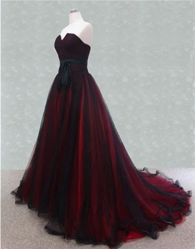 women's cold-shoulder dressesStrapless Black and Red Tulle Sweep Train Prom Dress Y1155 women's cold-shoulder dressesStrapless Black and Red Tulle Sweep Train Prom Dress Y1155