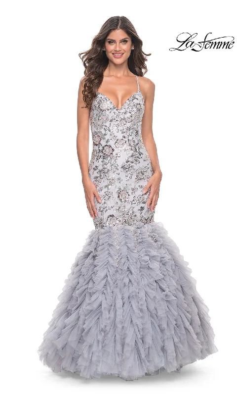 women's wedding guest dressesLa Femme Silver Ruffled Long Prom Dress 32105