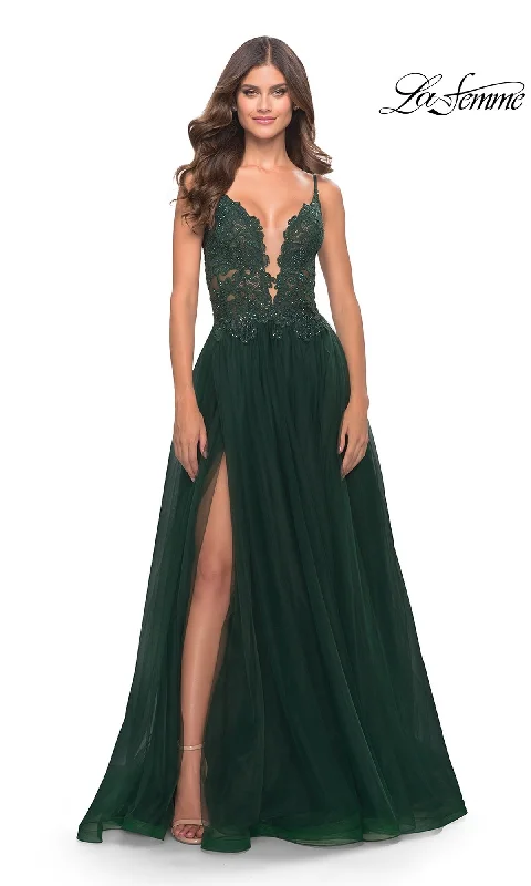 women's silk dressesLace-Bodice Long Tulle Prom Dress: La Femme 31507