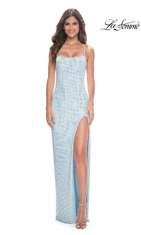 women's beach dressesLa Femme Strappy Beaded Long Blue Prom Dress 32039