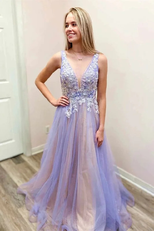 Cut-Out DressA-Line V-Neck Sleeveless Tulle Long Prom Dress With Lace Y915