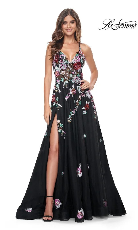 women's plus-size dressesLa Femme Floral-Sequin Long Black Prom Dress 32051