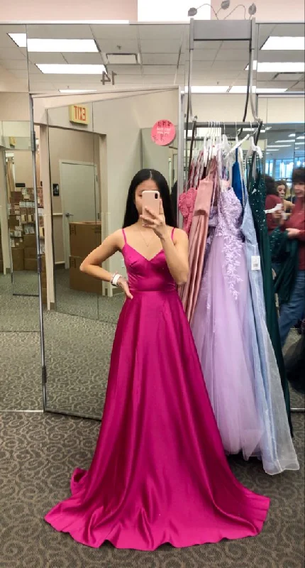 women's versatile dressesA-line Spaghetti Straps Fuchsia Satin Prom Dress For Junior Teens  Y700