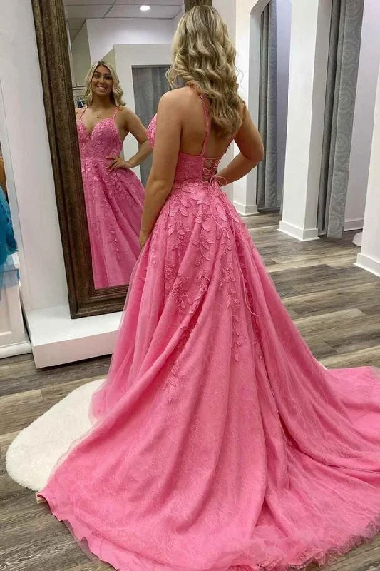 Shift DressHot Pink A-line Lace Appliques Prom Dress Y654