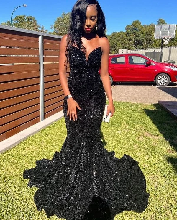 Laced-Up DressSexy Sparkly Mermaid Black Sequins Long Prom Dress Y979