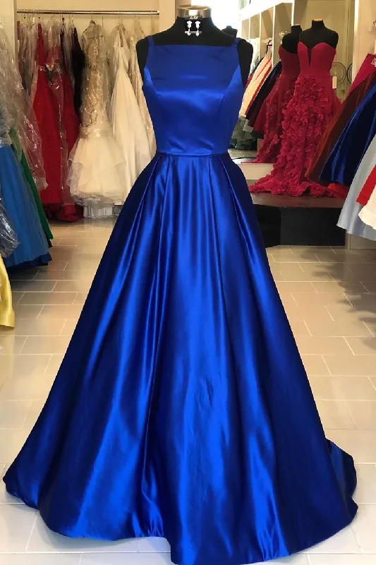 women's high-low dressesHollow Out Royal Blue Satin Long Prom Dress Y1195