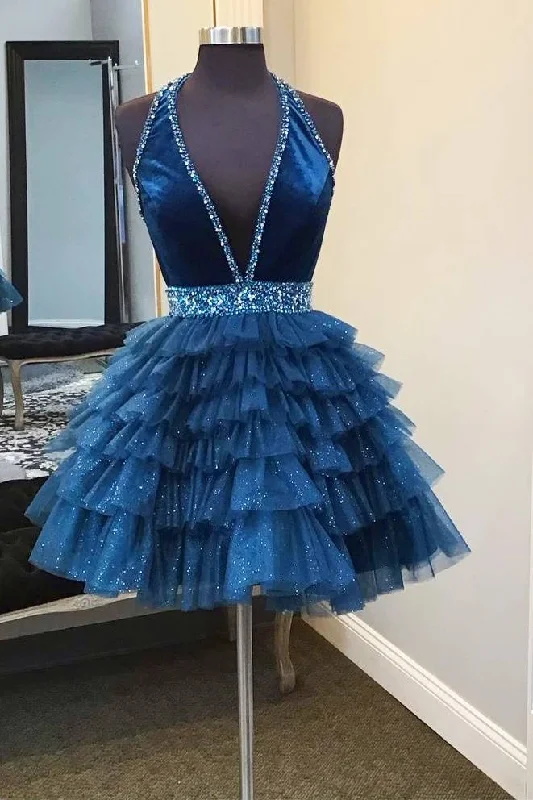 women's everyday dressesBlue Halter Multi-Layered Tulle Homecoming Dress