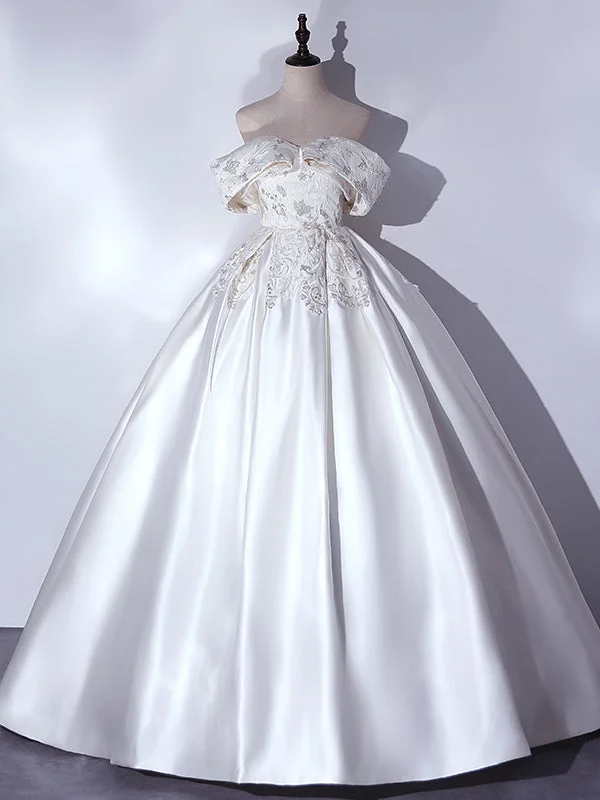 Embellished DressBeige White Satin Off the Shoulder Embroidery Quinceanera Dress