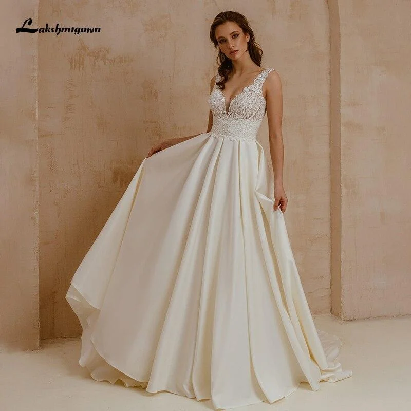 Cold-Shoulder DressRoycebridal Lace V Neck A Line Wedding Dresses Beads Backless Elegant Satin