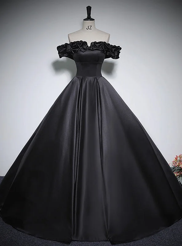 Plunging Neckline DressBlack Ball Gown Satin Off the Shoulder Quinceanera Dress