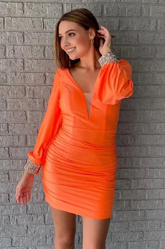 Prom DressOrange Ruched Tight Homecoming Dress