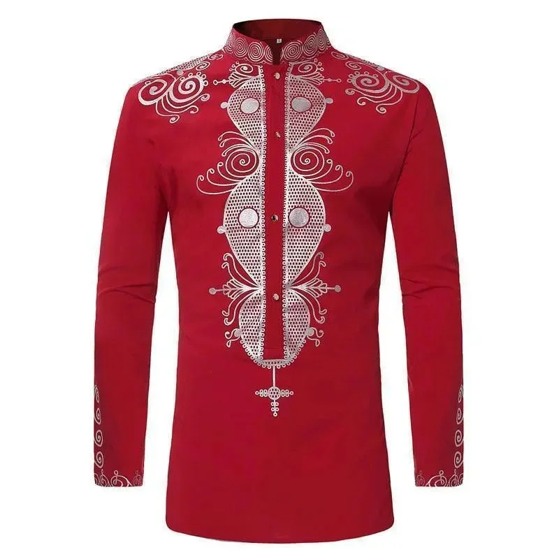 Men's Pattern-Clashing Shirts for Bold FashionRed African Men Shirt