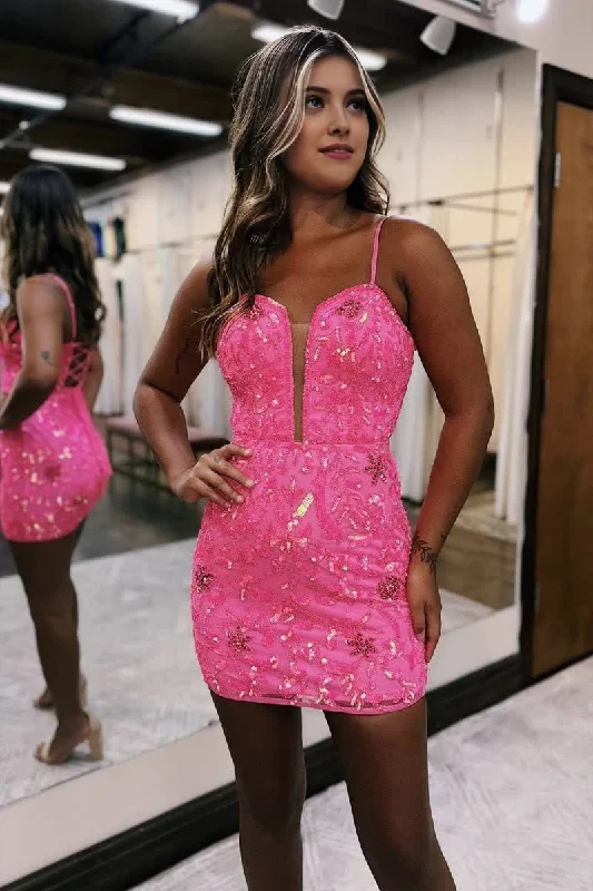 women's maxi dressesSexy Deep V neck Sheath/Column Pink Short Homecoming Dress