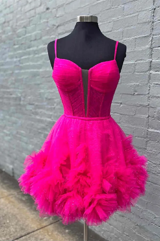 women's petite dressesGlitter Straps Hot Pink Ruffle A-Line Homecoming Dress