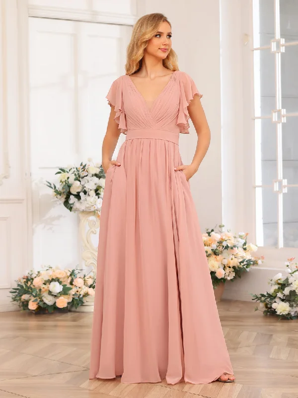 Ribbon DressA-Line/Princess V-Neck Long Wedding Party Dresses with Split Side & Pockets