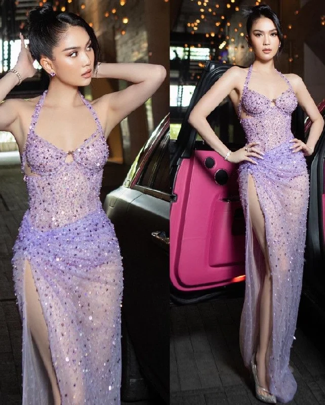 Sleeveless DressLilac Sequin Formal Dress Evening Dress With Slit     cg25435