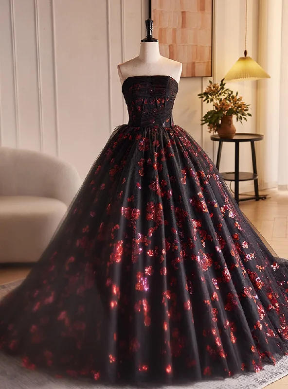 women's neon dressesBlack Tulle Red Sequins Strapless Vintage Quinceanera Dress