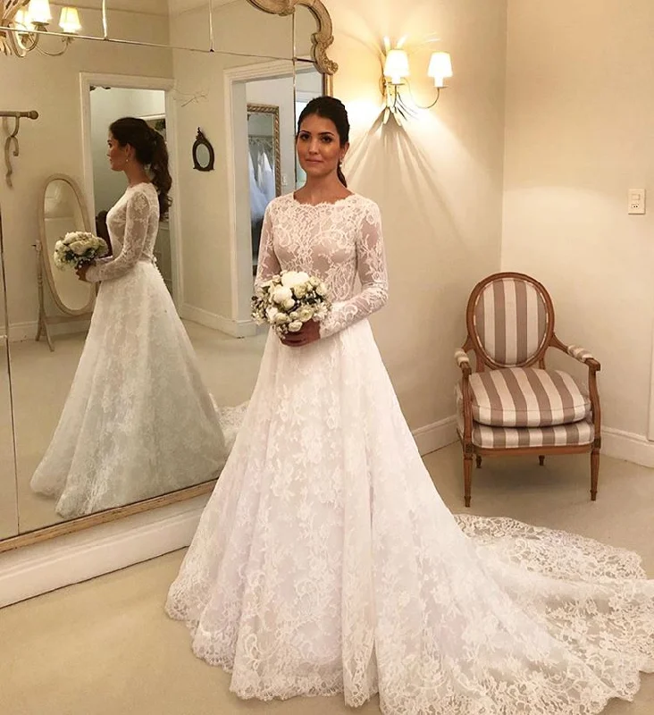 women's bodycon dressesModest Elegant Lace Long Sleeves Chapel trailing Wedding Dress PO907