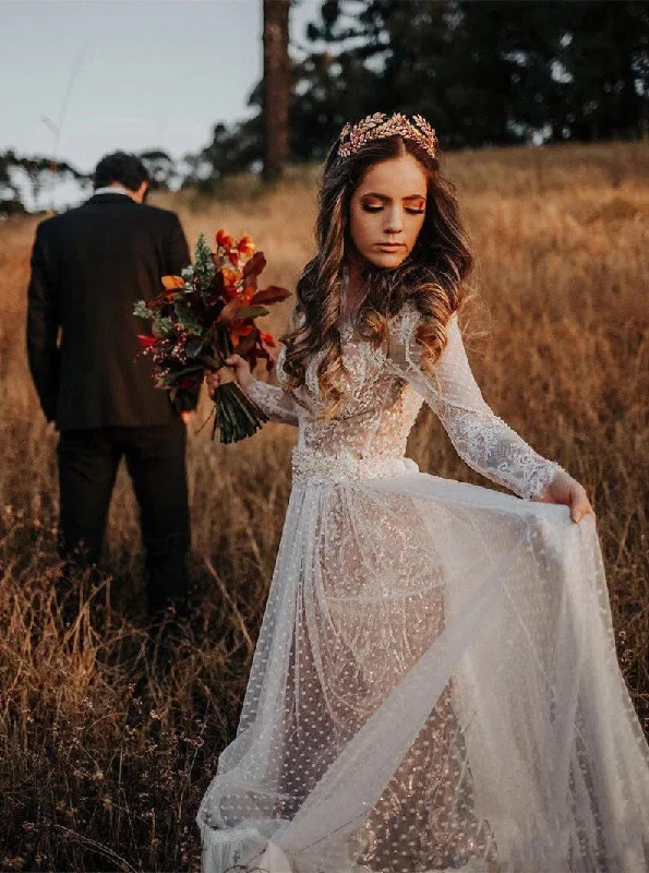 women's mini dressesLong Sleeve Polka Dot Rustic Lace Wedding Dress